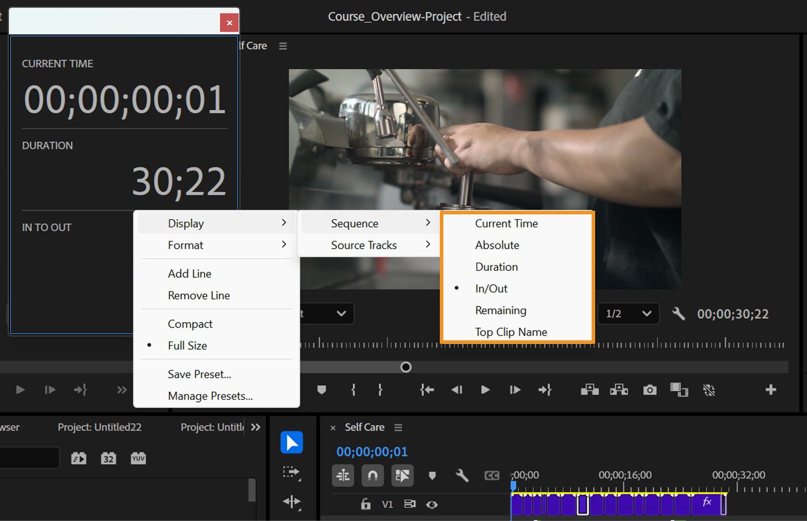 Il menu contestuale è aperto nel pannello Timecode.Mostra varie opzioni dal sottomenu Sequenza, come Tempo corrente, Assoluto e altro ancora.