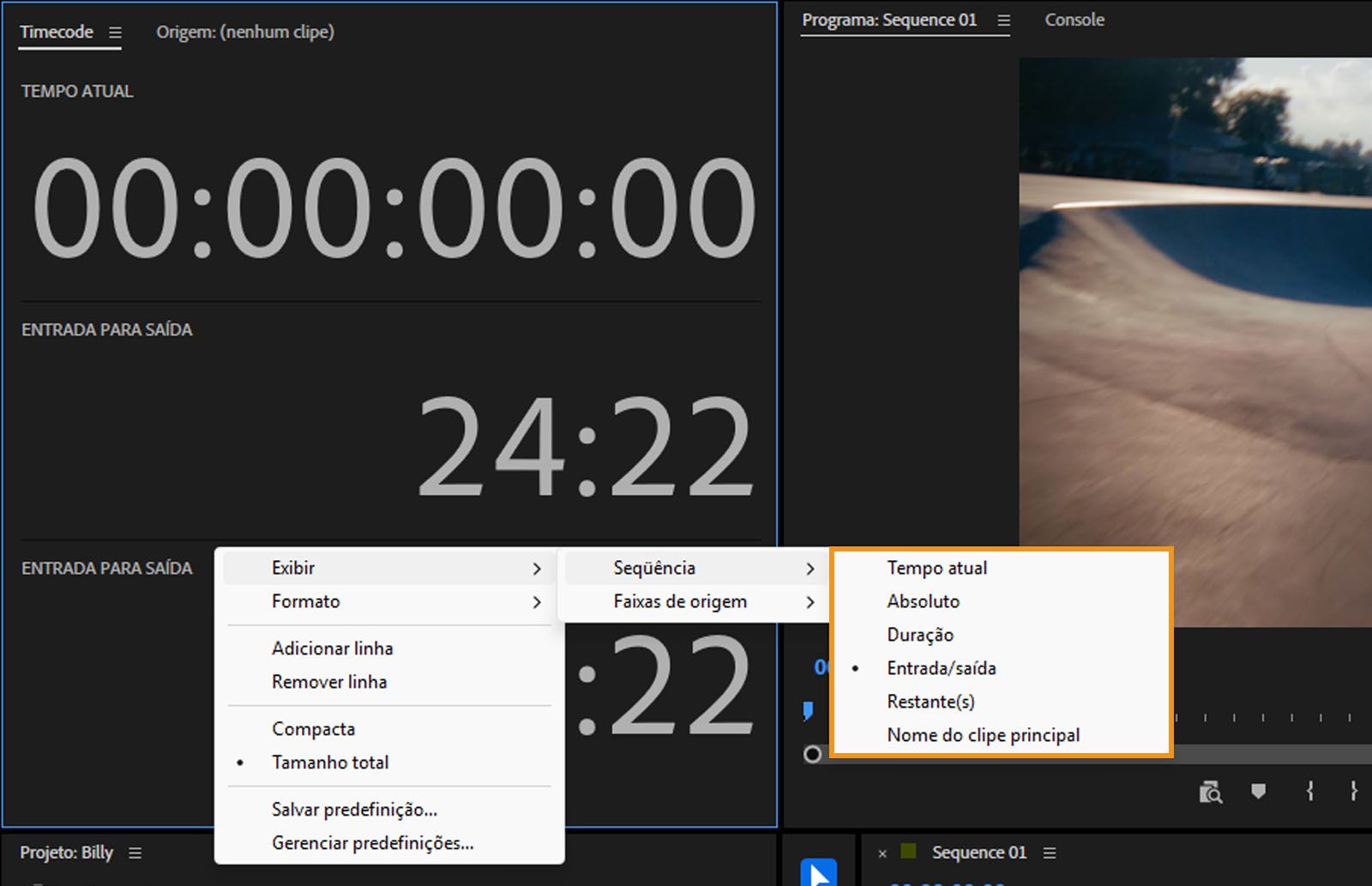 O menu de contexto é aberto no painel Timecode.Ele exibe várias opções do submenu Sequência, como Hora atual, Absoluto e muito mais.