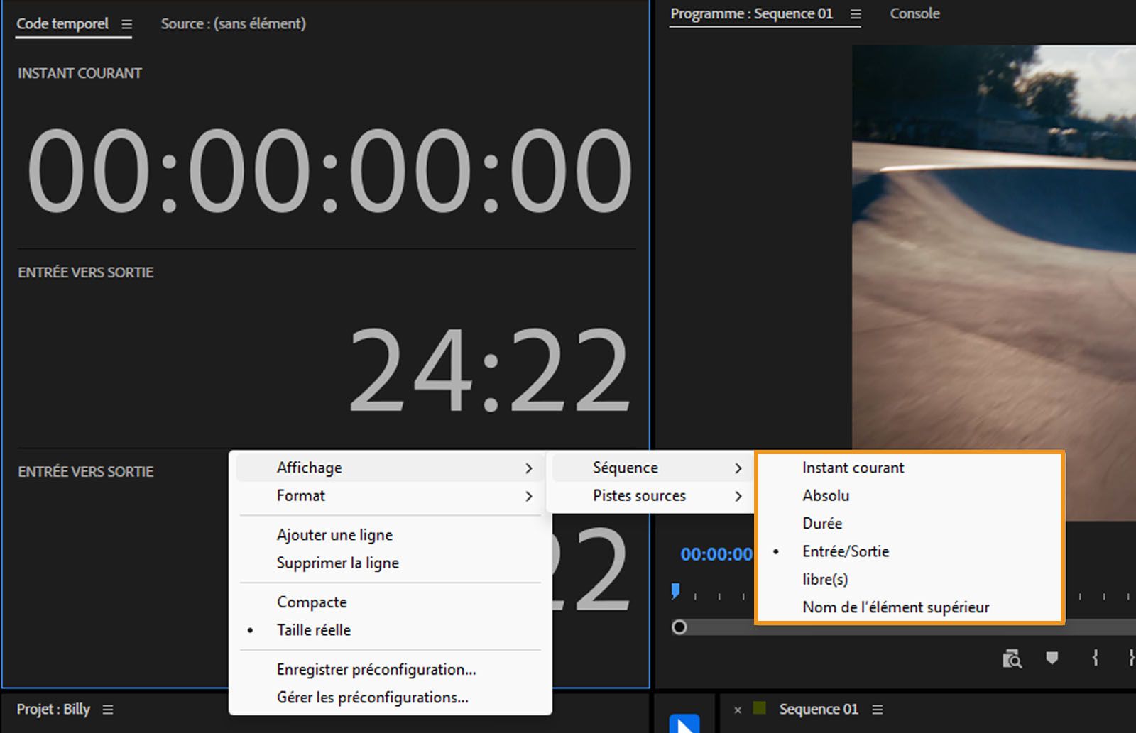 Le menu contextuel est ouvert dans le panneau Code temporel.Il affiche diverses options du sous-menu Séquence, telles que Temps actuel, Absolu, et plus encore.