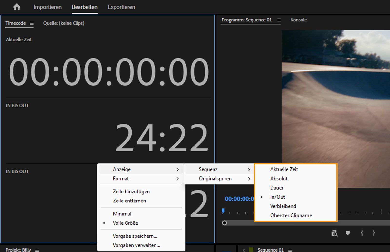 Das Kontextmenü ist im Timecode-Bedienfeld geöffnet.Es zeigt verschiedene Optionen aus dem Sequenz-Untermenü an, wie zum Beispiel „Aktuelle Zeit“, „Absolut“ und mehr.
