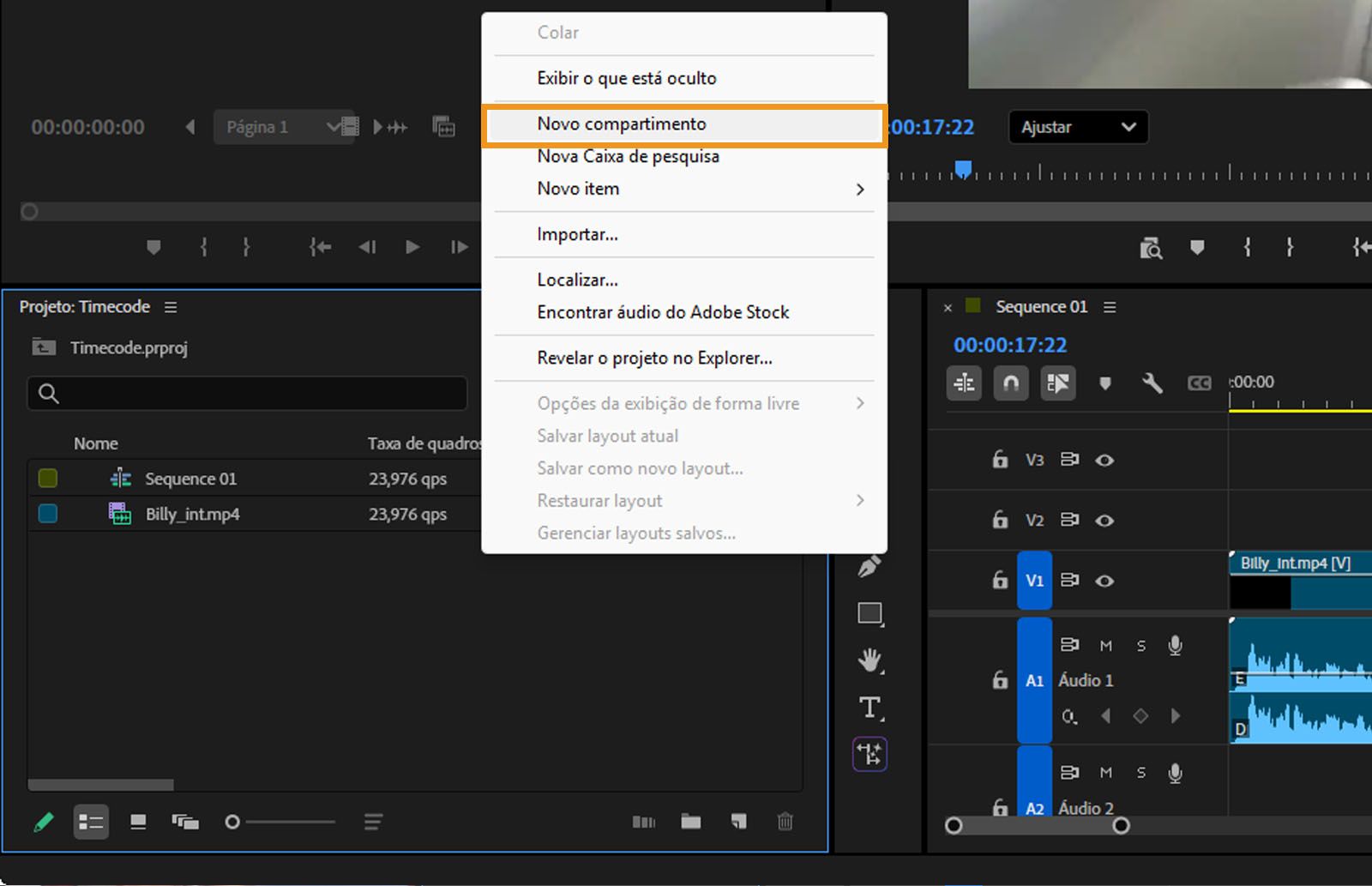 O menu de contexto está aberto, com opções que incluem “Novo compartimento”, “Novo item” e “Importar”, entre outras. 