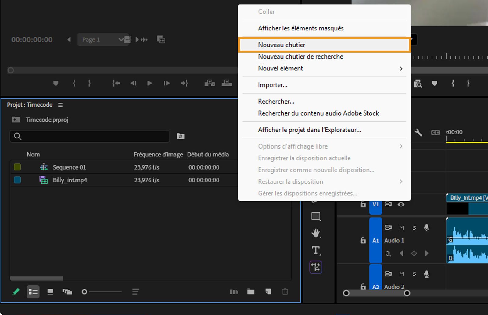 Le menu contextuel est ouvert avec des options incluant Nouveau chutier, Nouvel élément, Import, et plus.