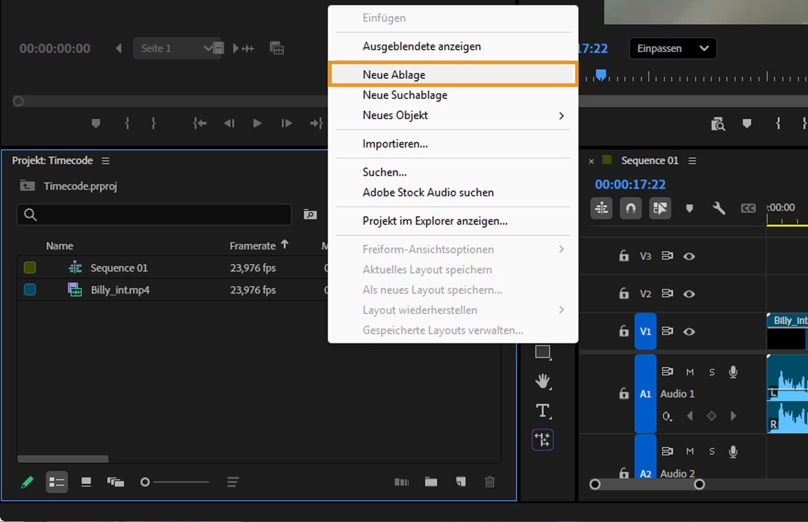 Das Kontextmenü wird geöffnet und zeigt Optionen wie „Neue Ablage“, „Neues Element“, „Importieren“ und mehr an.