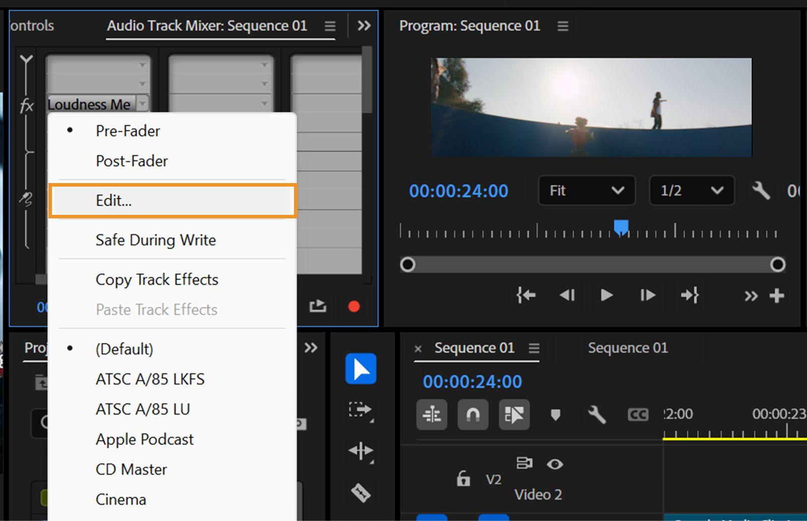 Il menu contestuale del Misuratore di intensità acustica è visualizzato nel Mixer tracce audio.