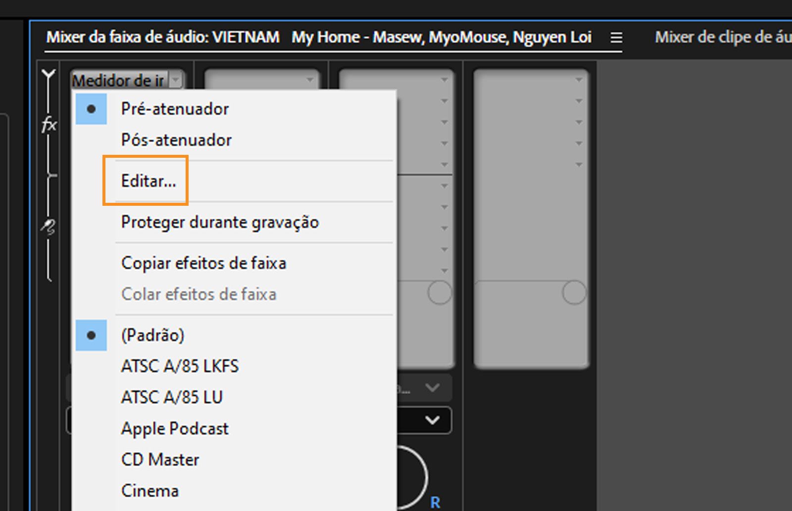 O menu de contexto do Medidor de volume é exibido no Mixer de faixa de áudio.