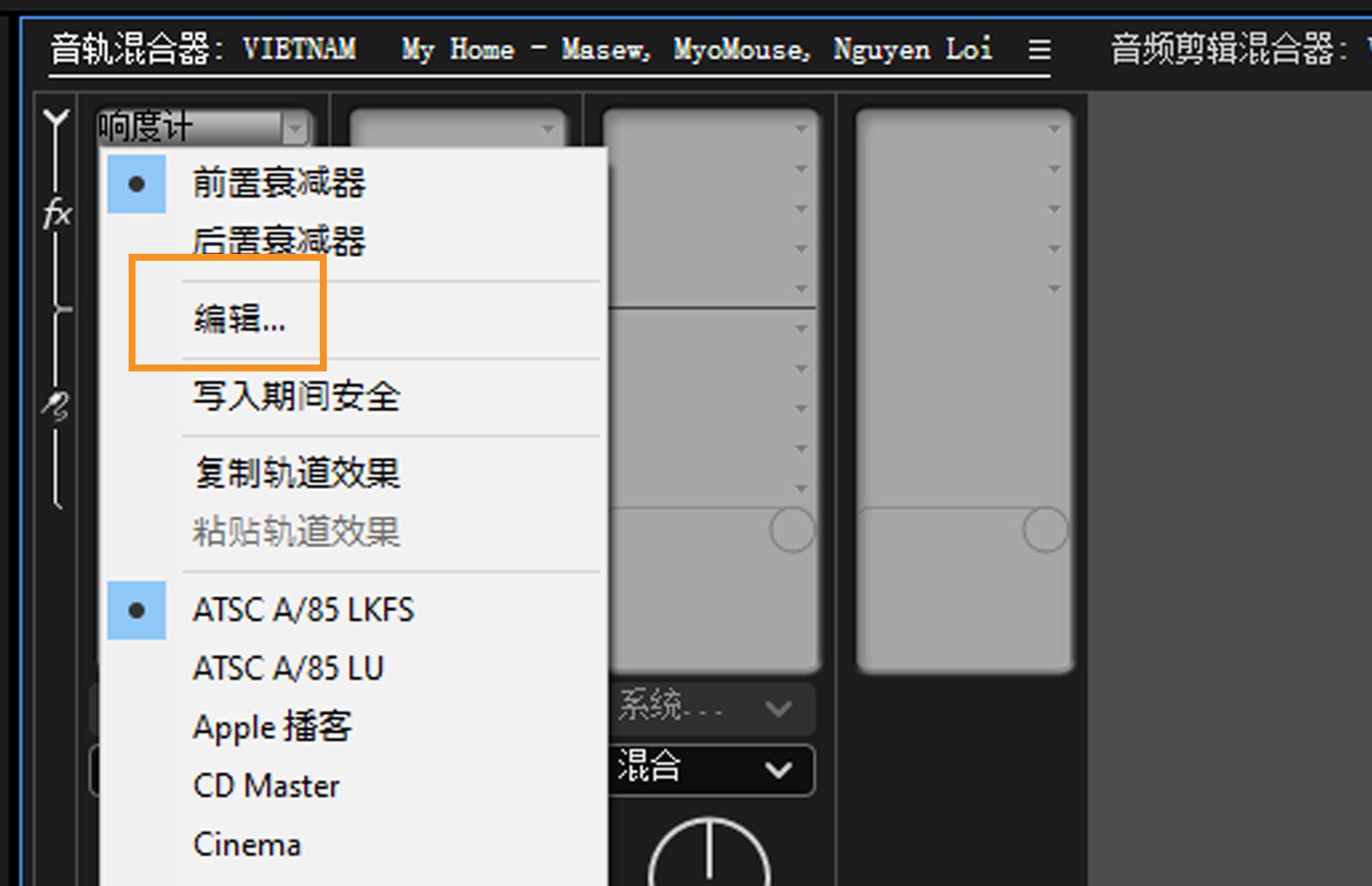 音频轨道混合器中下拉显示响度计的上下文菜单。