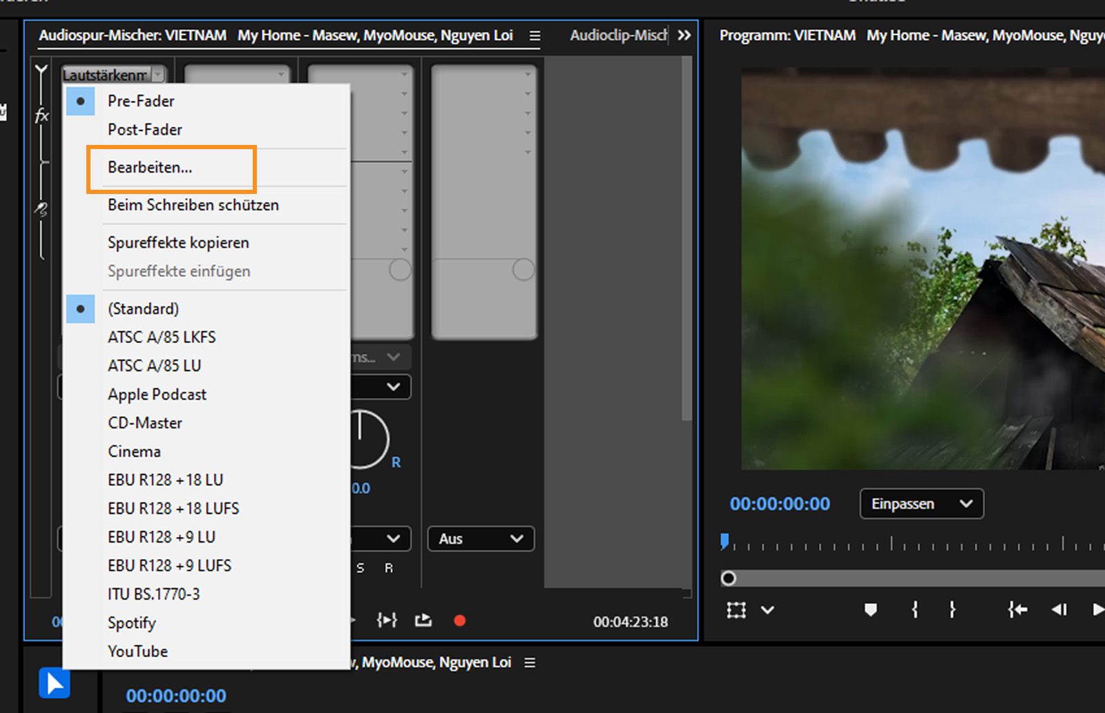 Das Kontextmenü der Lautstärkemessung ist im Audiospur-Mischer erweitert.
