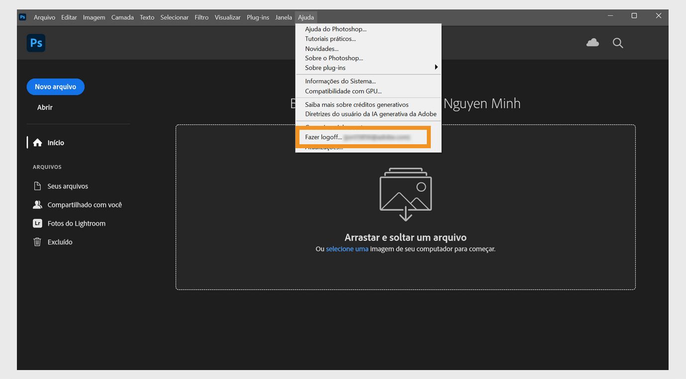 O menu de contexto em “Ajuda” mostra várias opções, como as opções de visualizar informações do sistema, conferir as novidades, acessar o conteúdo de ajuda e fazer logoff ou desativar. 