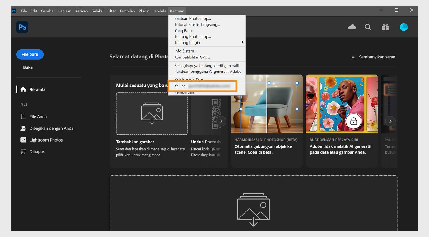 Menu konteks di bawah Bantuan menampilkan beberapa opsi, seperti opsi untuk melihat info sistem, memeriksa apa yang baru, mengakses konten bantuan, dan keluar atau menonaktifkan. 