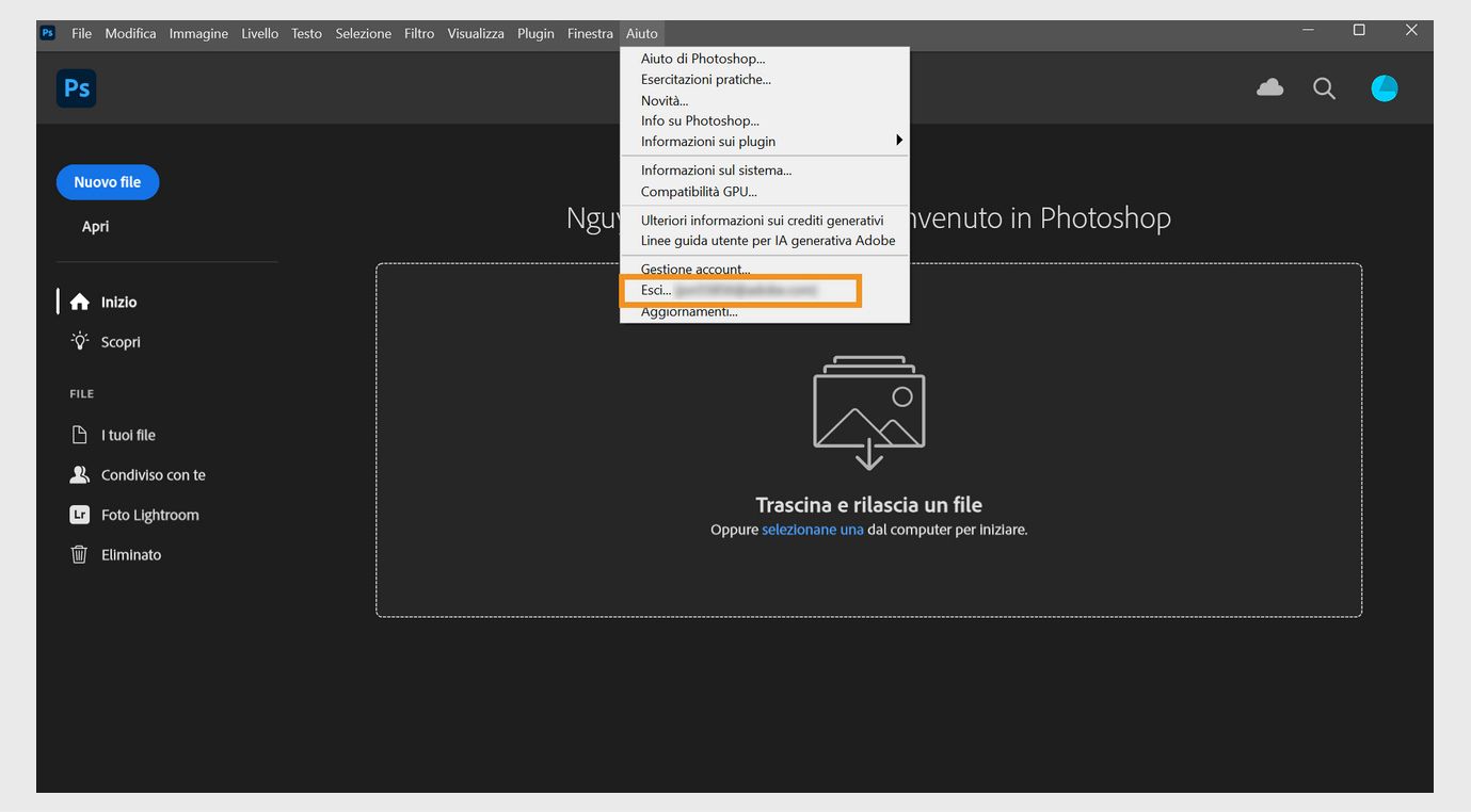 Il menu contestuale sotto Guida mostra diverse opzioni, come la possibilità di visualizzare le informazioni di sistema, controllare le novità, accedere al contenuto della guida ed uscire o disattivare.