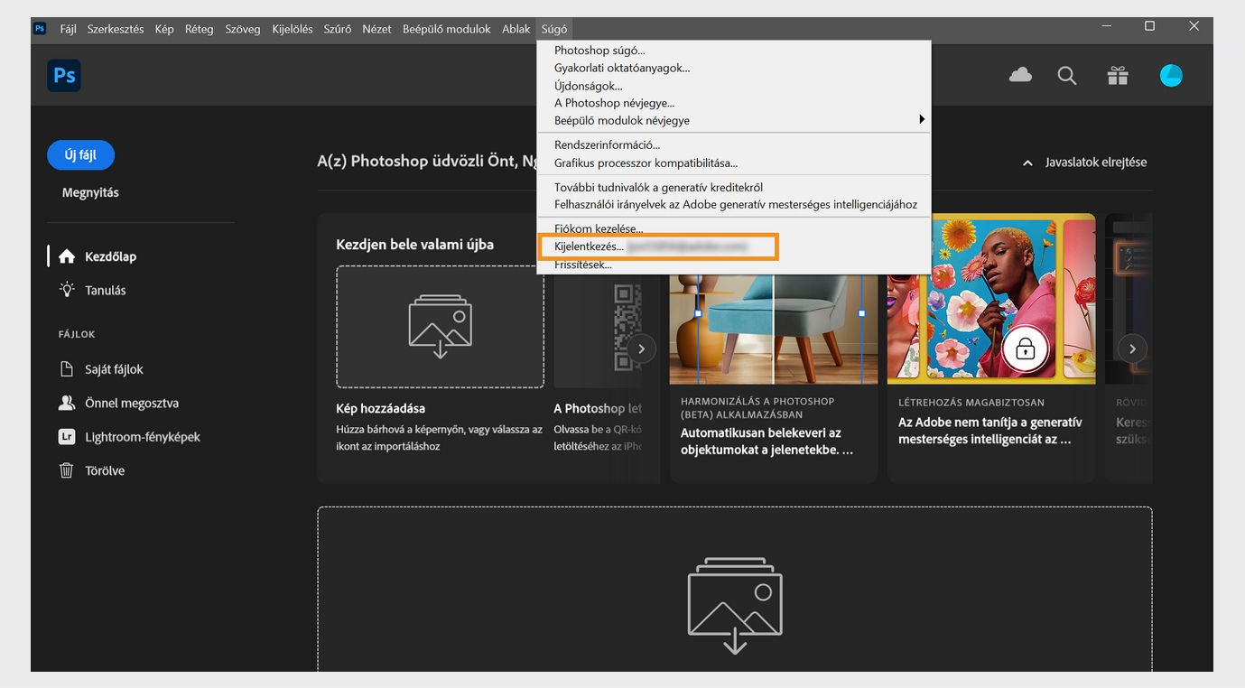 A Súgó alatti helyi menü több lehetőséget mutat, például a rendszerinformációk megtekintésének, az újdonságok ellenőrzésének, a súgó tartalma elérésének, valamint a kijelentkezésnek vagy deaktiválásnak a lehetőségét. 