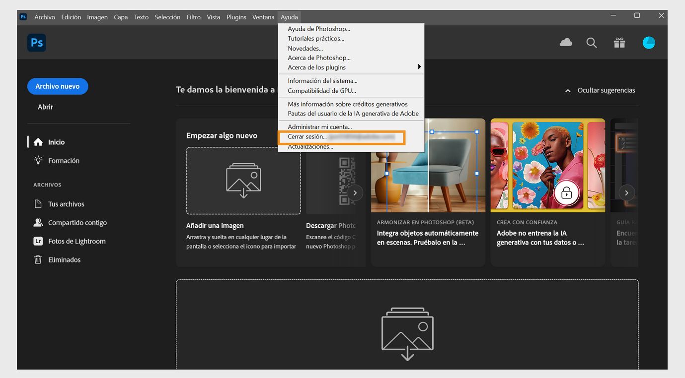 El menú contextual bajo Ayuda muestra varias opciones, como las opciones para ver la información del sistema, comprobar las novedades, acceder al contenido de ayuda y cerrar sesión o desactivar.