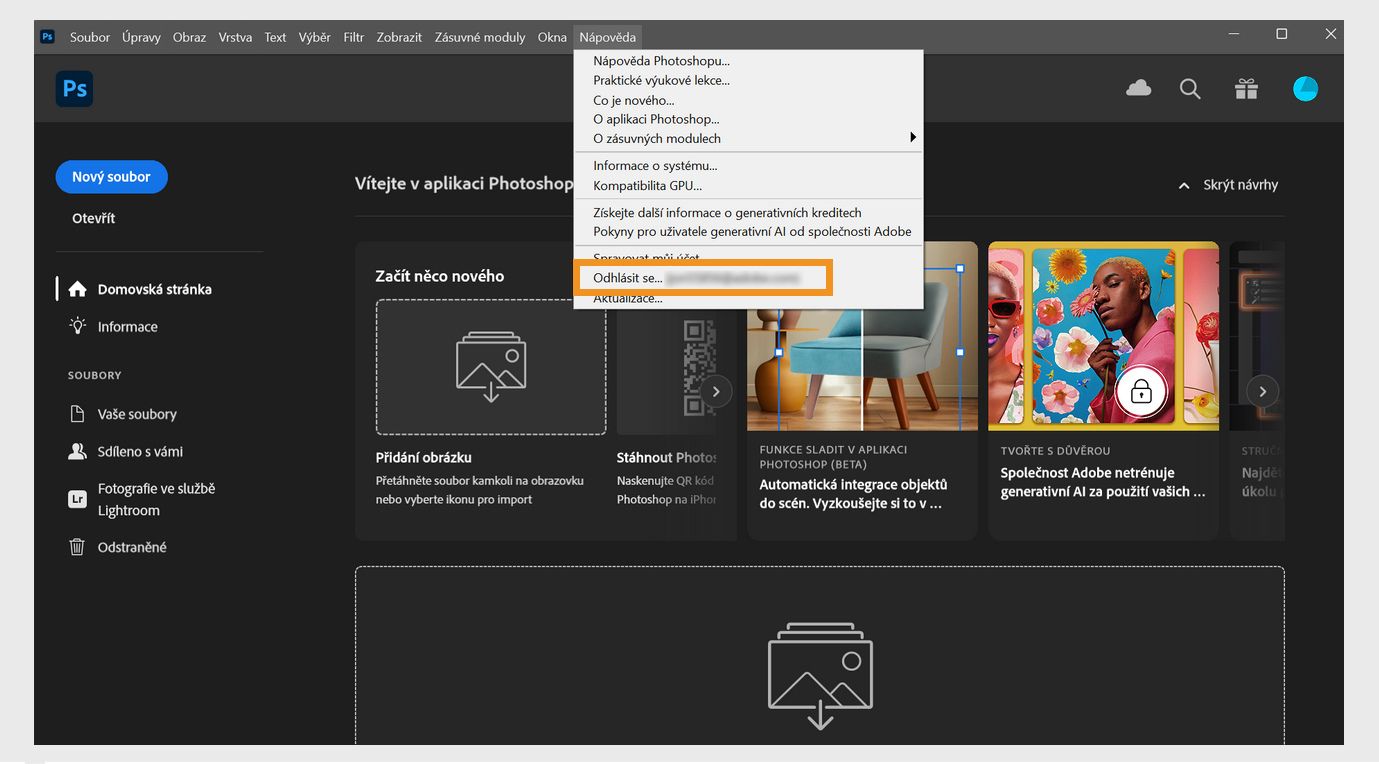 Kontextová nabídka pod položkou Nápověda zobrazuje více možností, jako jsou možnosti zobrazení systémových informací, kontroly novinek, přístupu k obsahu nápovědy a odhlášení nebo deaktivace. 