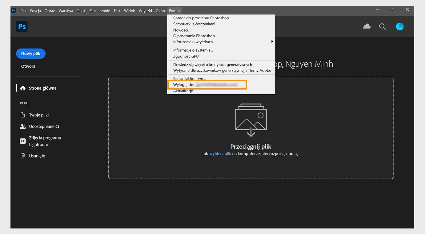 Menu kontekstowe w sekcji Pomoc zawiera wiele opcji, takich jak możliwość wyświetlenia informacji o systemie, sprawdzenia nowości, dostępu do zawartości pomocy oraz wylogowania się lub dezaktywacji.