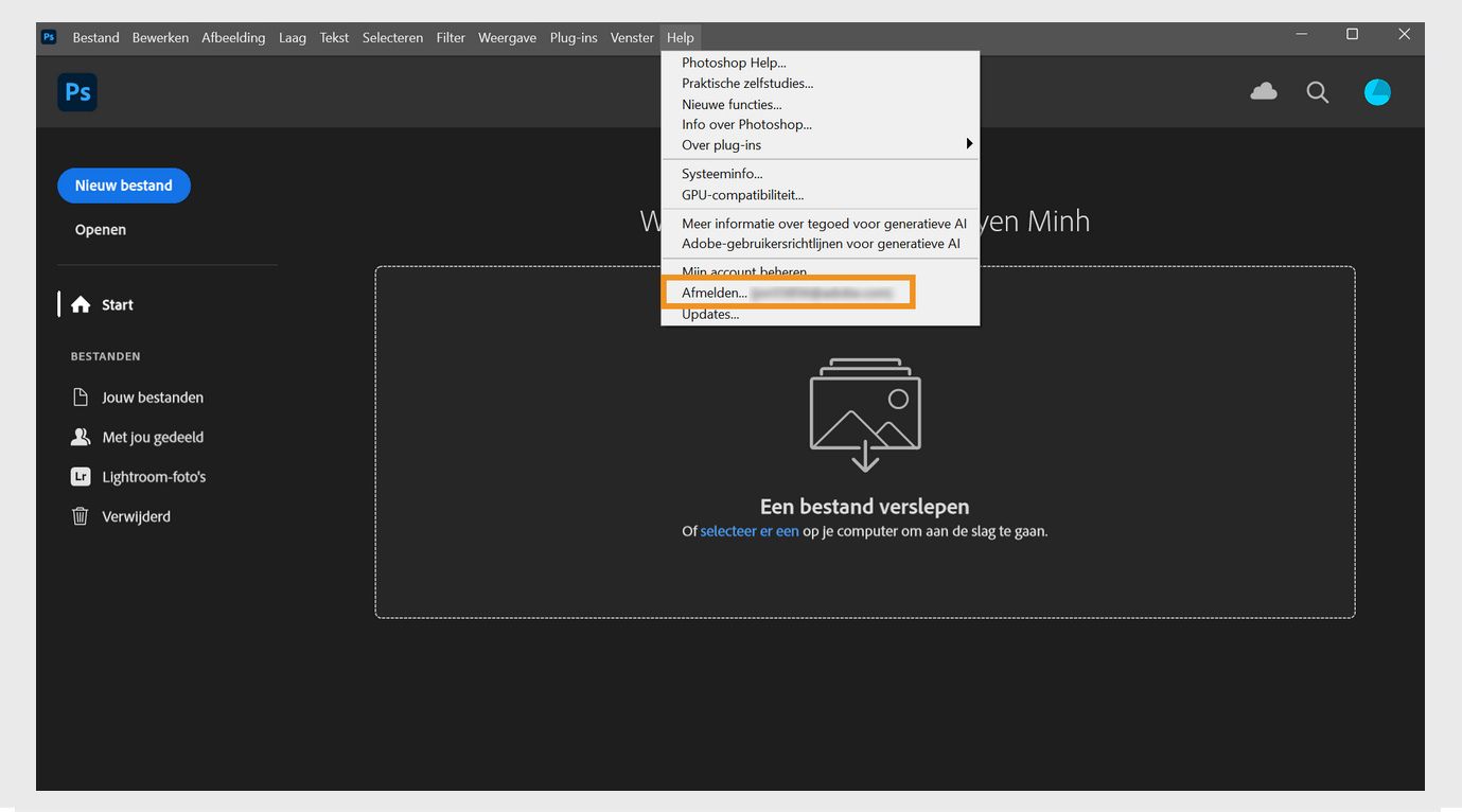 Het contextmenu onder Help toont meerdere opties, zoals de opties om systeeminformatie weer te geven, nieuwe functies te ontdekken, toegang te krijgen tot help-content en af te melden of te deactiveren. 