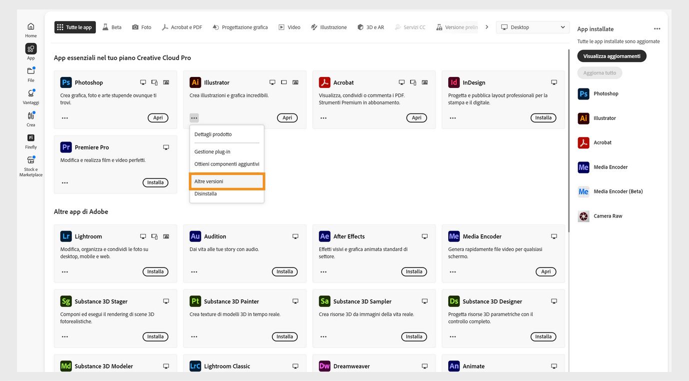 Il menu Altre azioni offre l'opzione di installare le versioni precedenti di un'applicazione.È possibile installare le versioni precedenti disponibili di qualsiasi applicazione Creative Cloud.