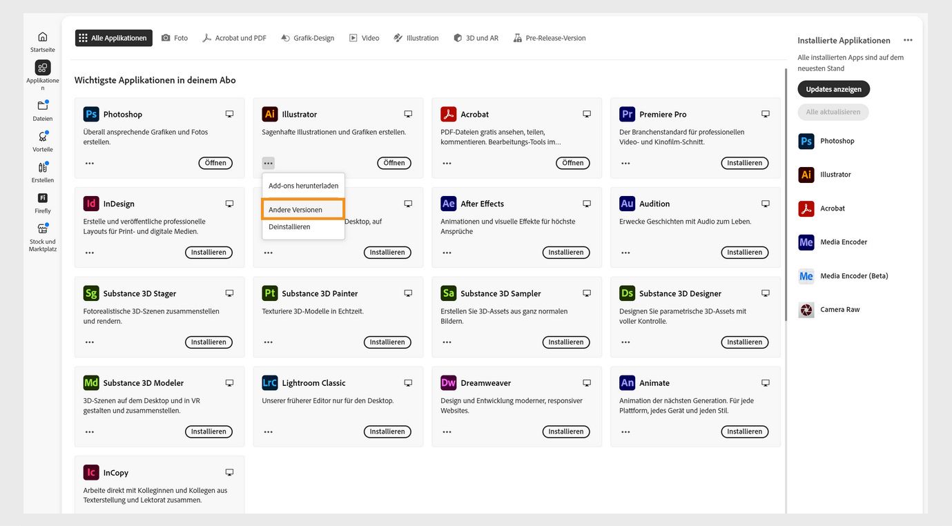 Das Menü „Weitere Aktionen&quot; bietet die Möglichkeit, ältere Versionen einer Anwendung zu installieren. Du kannst die verfügbaren älteren Versionen jeder Creative Cloud-Anwendung installieren. 