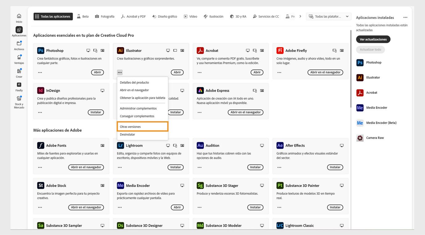 El menú Más acciones proporciona la opción de instalar versiones anteriores de una aplicación.Puede instalar las versiones anteriores disponibles de cualquier aplicación de Creative Cloud.