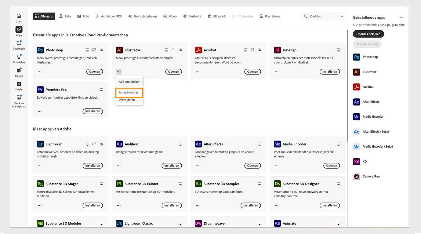 Het menu Meer acties biedt de optie om eerdere versies van een app te installeren. U kunt de beschikbare eerdere versies van elke Creative Cloud-app installeren. 