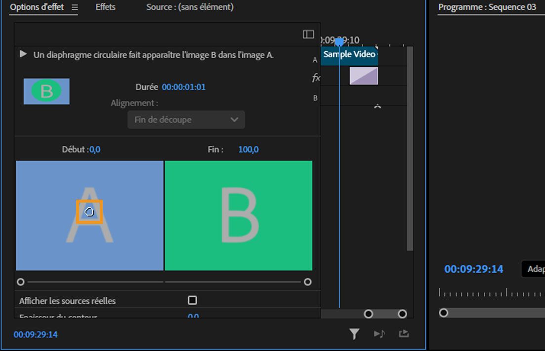 Le centre par défaut de la transition est mis en surbrillance dans la zone de prévisualisation A dans le panneau Options d’effet.