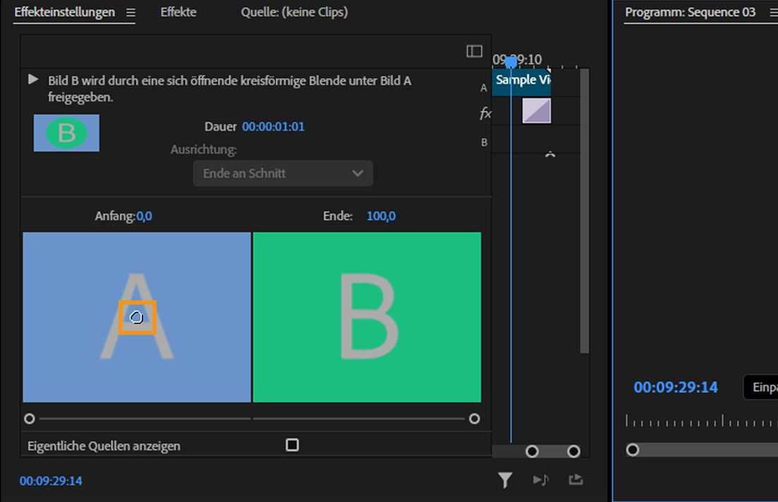 Der Standard-Mittelpunkt der Überblendung ist im Vorschaubereich (A) des Bedienfelds Effekteinstellungen hervorgehoben.