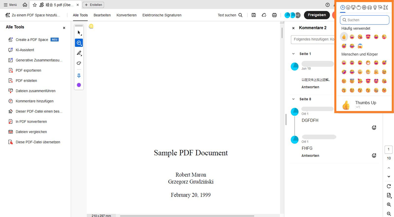 Das Dialogfeld mit Emoticons ist über dem Bedienfeld „Kommentar“ sichtbar.