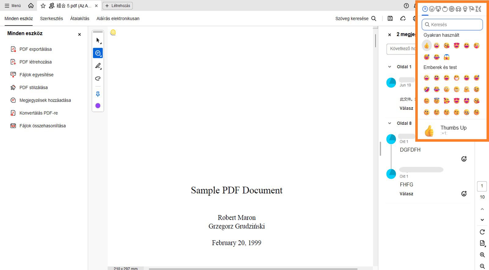 A hangulatjeleket tartalmazó párbeszédpanel a Megjegyzések panel felett látható.