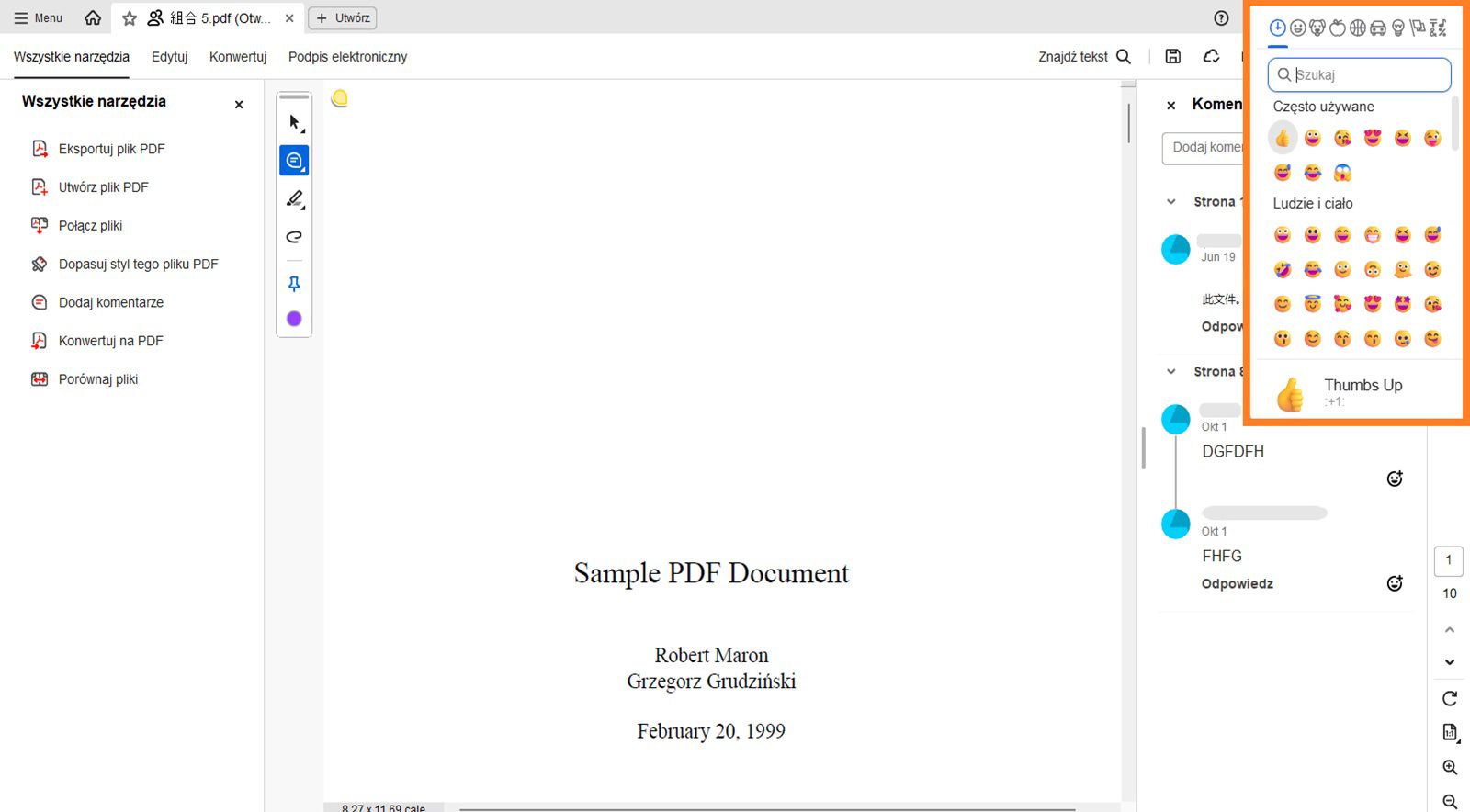 Okno dialogowe z emotikonami jest widoczne nad panelem komentarzy.