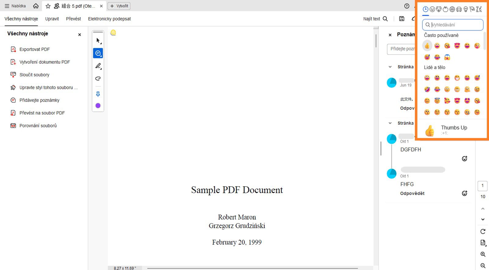 Dialogové okno s emotikony je viditelné nad panelem poznámek.