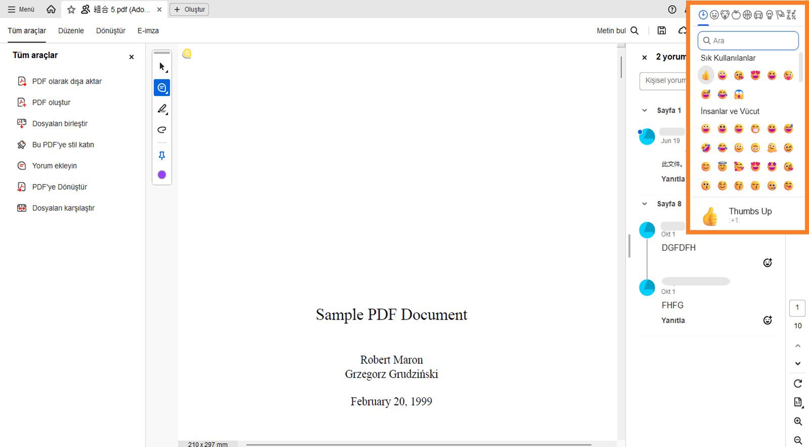 Emojileri içeren iletişim kutusu, yorumlar panelinin üzerinde görünür.