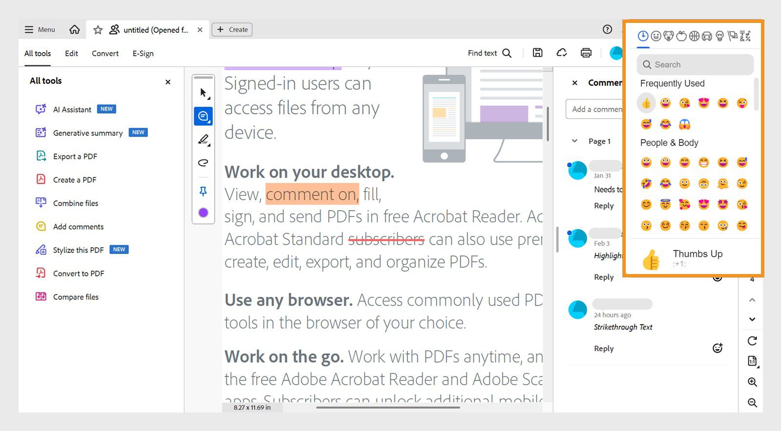 Makikita ang dialog box na may mga emoticon sa ibabaw ng panel ng mga komento.