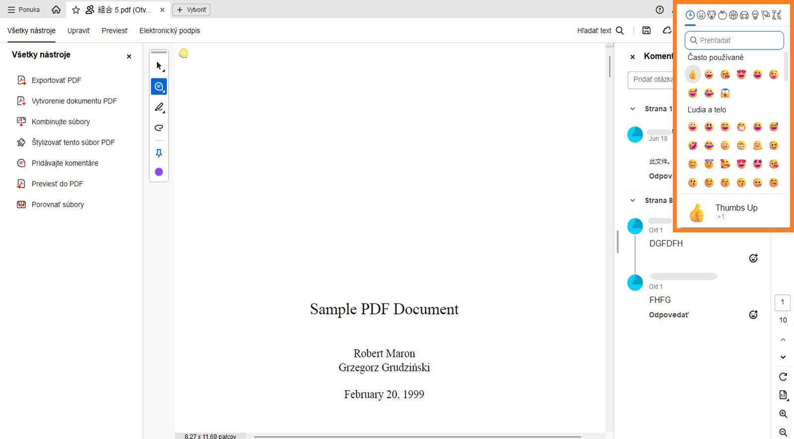 Dialógové okno s emotikonmi sa zobrazí nad panelom komentárov.