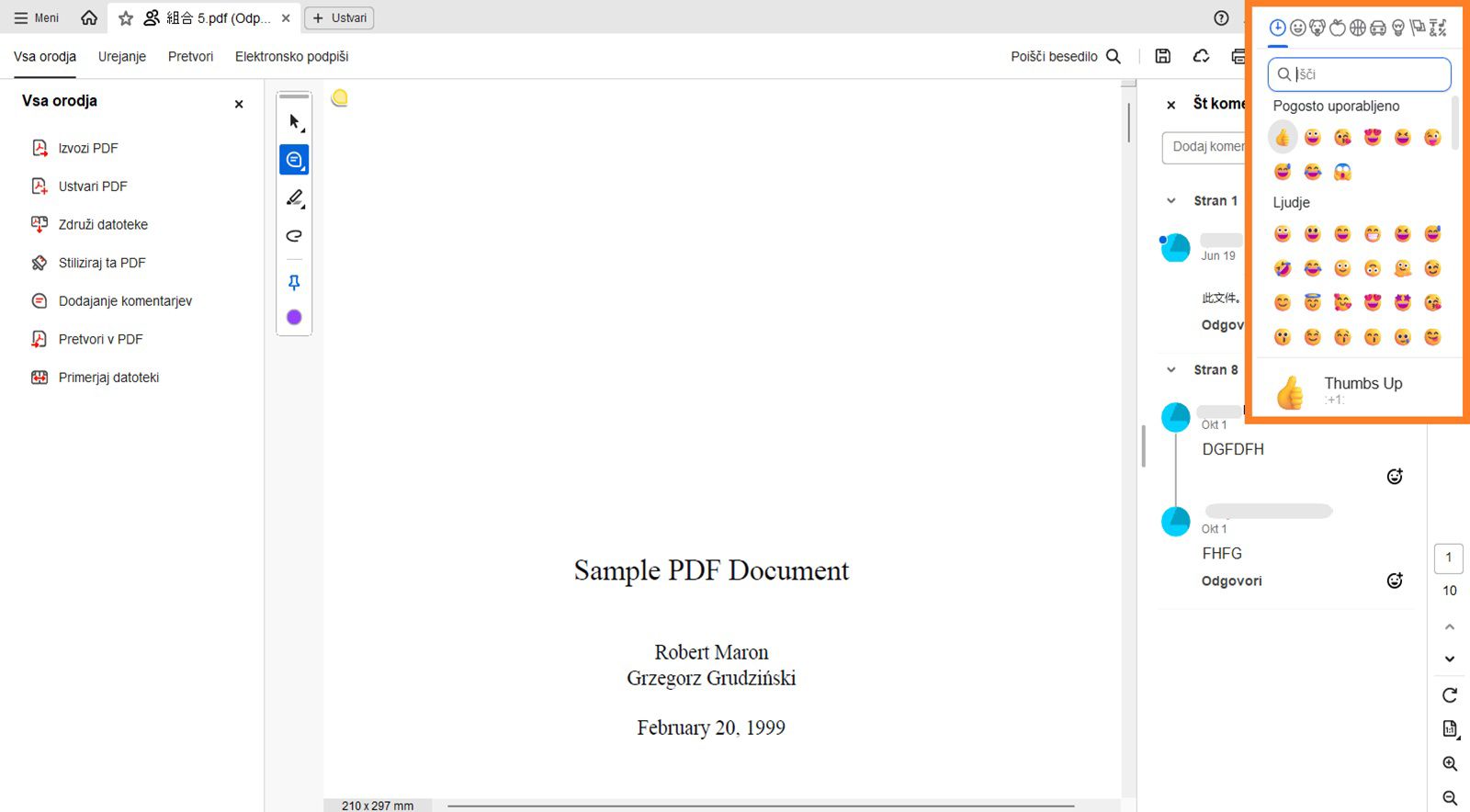 Pogovorno okno s čustvenimi simboli je vidno nad podoknom s komentarji.