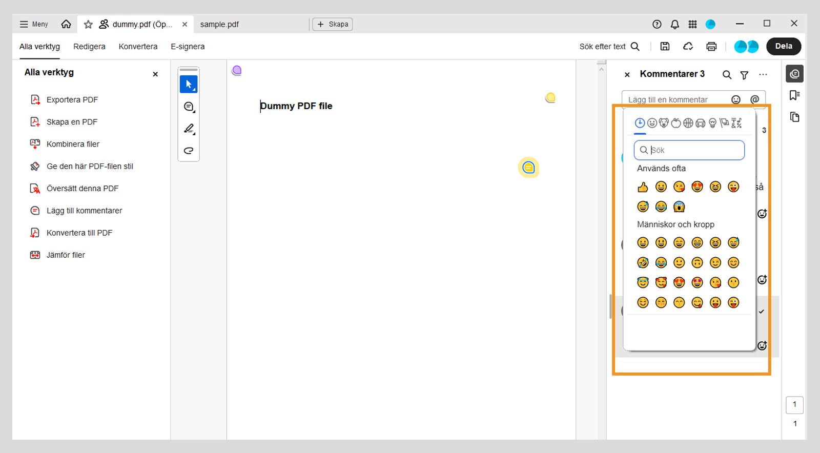 Dialogrutan med emotikoner visas över kommentarspanelen.