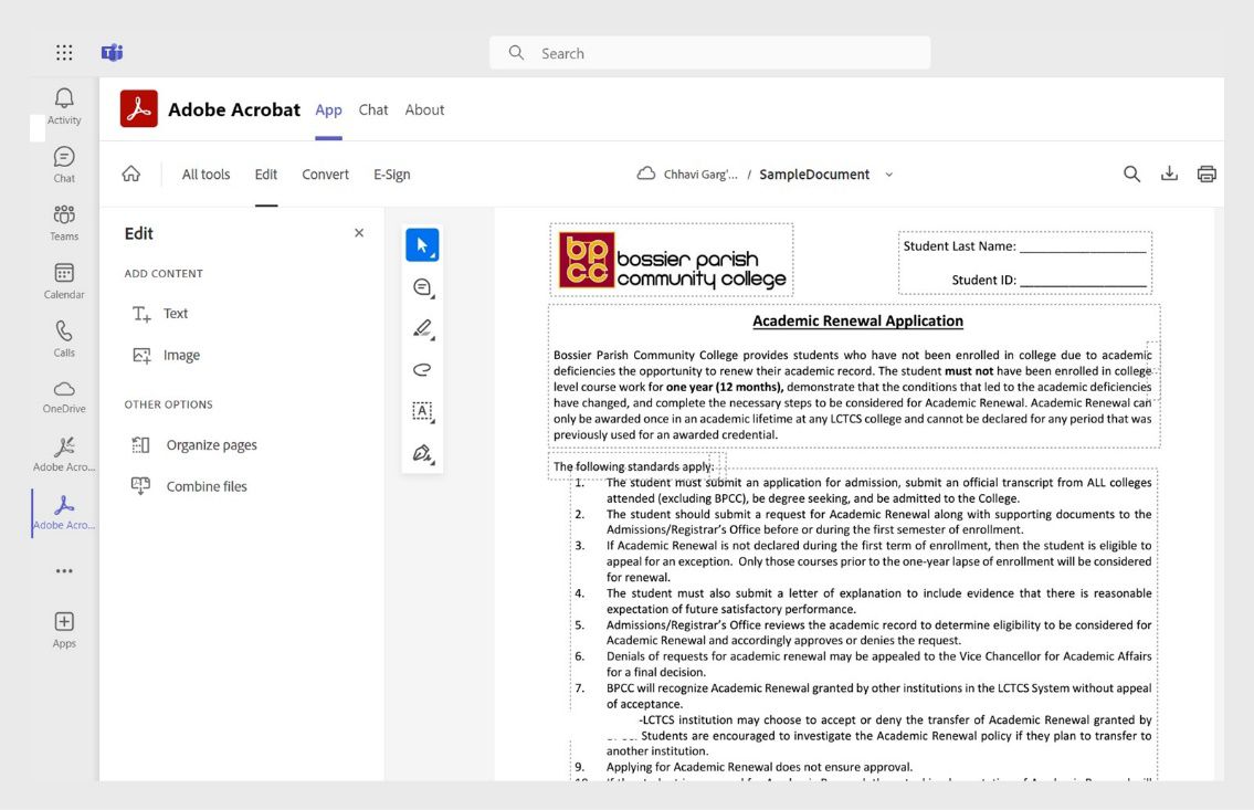 المستند مفتوح في وضع التحرير في Acrobat لـ Microsoft Teams. وتظهر أدوات تحرير النص وتحرير الصور وتنظيم الصفحات ودمج الملفات في الجزء الأيسر.