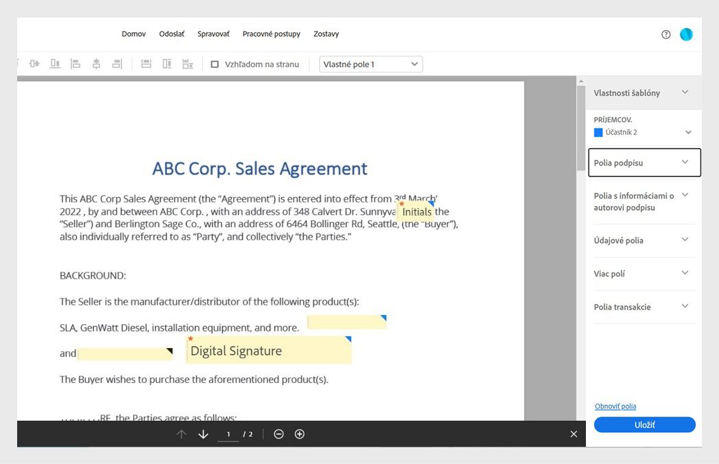 Dokument sa otvorí s tablou polí formulára s ponukou polí formulára a tlačidlom Uložiť. Je vybratá možnosť Polia podpisu.
