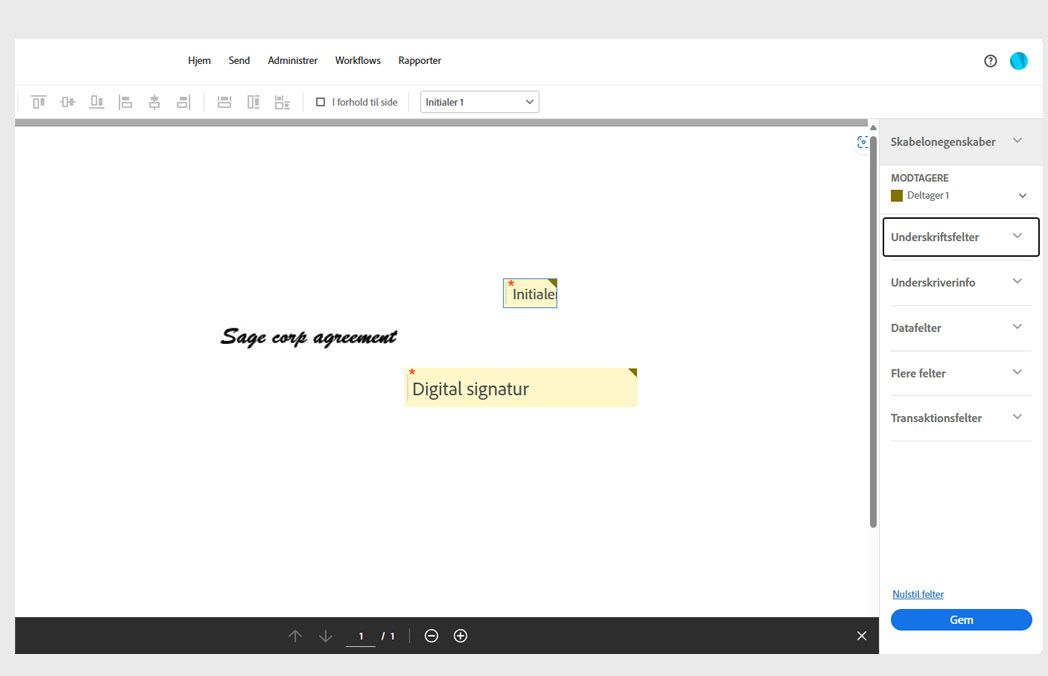 Dokumentet åbnes med en rude med formularfelter med en formularfeltmenu og en Gem-knap. Indstillingen Signaturfelter er valgt.