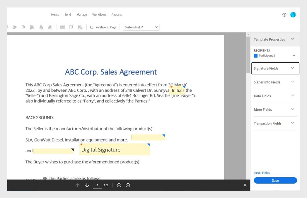 Magbubukas ang dokumento na may form fields pane, form field menu, at Save button. Napili ang Signature fields na opsyon.