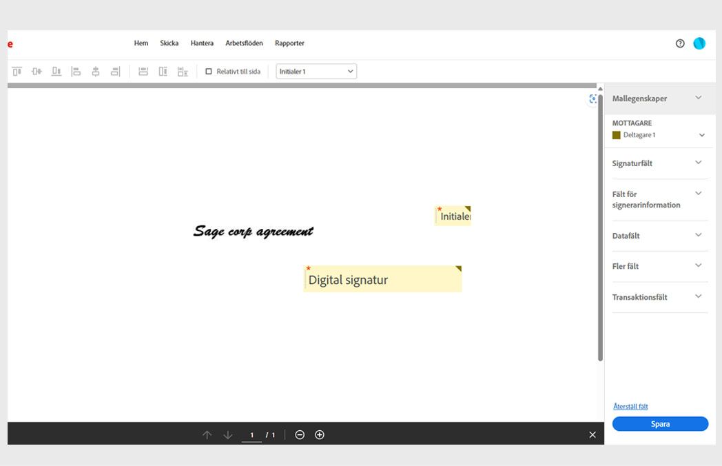 Dokumentet öppnas med en formulärfältspanel med en formulärfältsmeny och en Spara-knapp. Alternativet Signaturfält är valt.