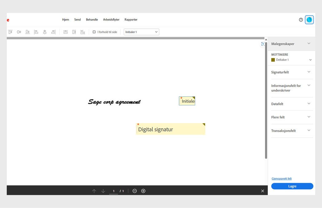 Dokumentet åpnes med en skjemafeltrute, en skjemafeltmeny og en Lagre-knapp. Alternativet «Signaturfelt» er valgt.