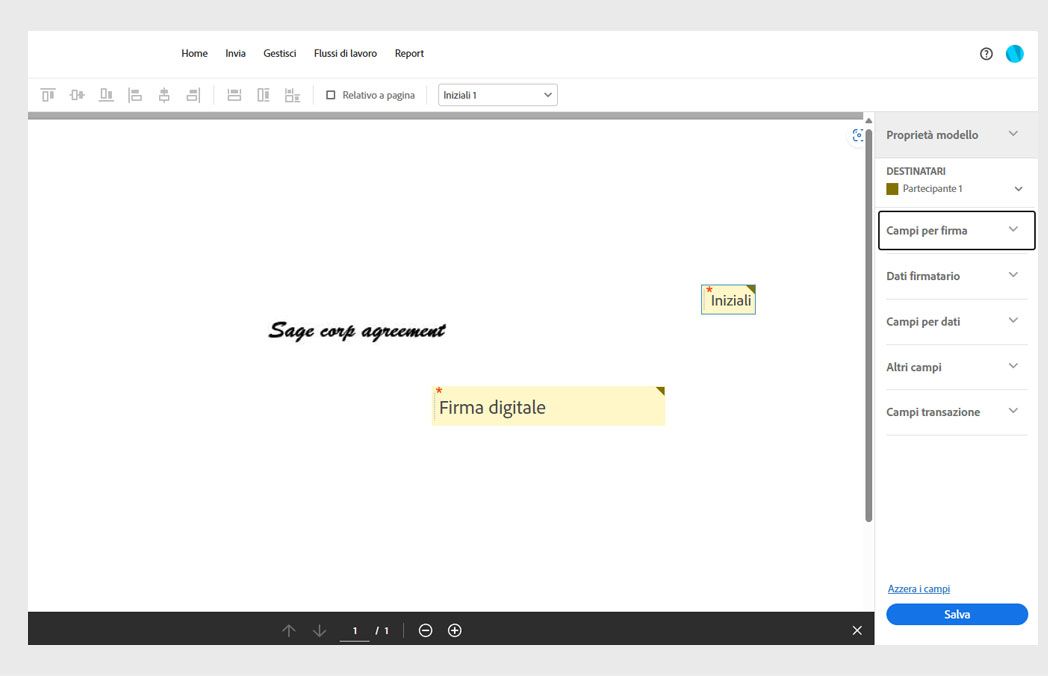 Il documento si apre con un riquadro dei campi modulo con un menu dei campi modulo e un pulsante Salva. L’opzione campi firma è selezionata.