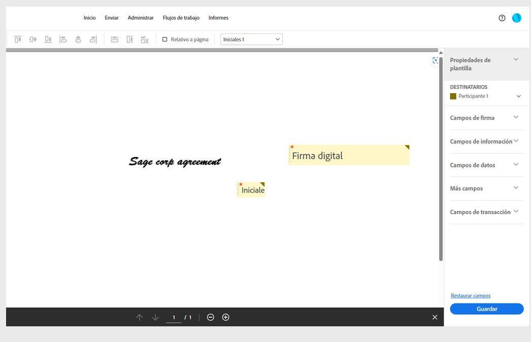 El documento se abre con un panel de campos de formulario con un menú de campos de formulario y un botón Guardar. La opción Campos de firma está seleccionada.