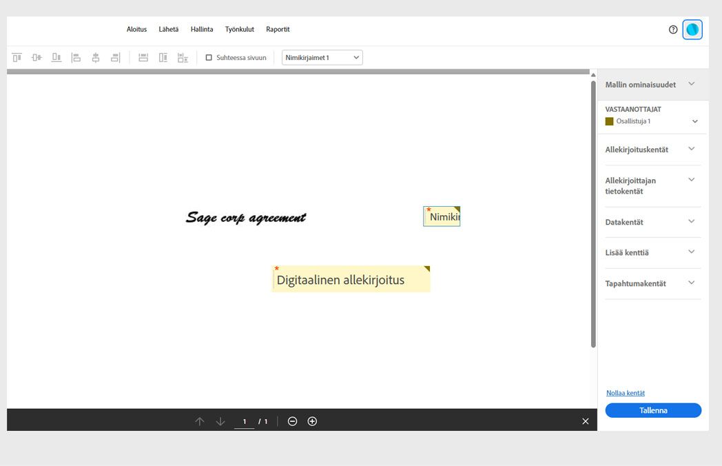 Asiakirja avautuu lomakekenttien ruudulla, jossa on lomakekenttävalikko ja Tallenna-painike. Allekirjoituskentät -vaihtoehto on valittuna.
