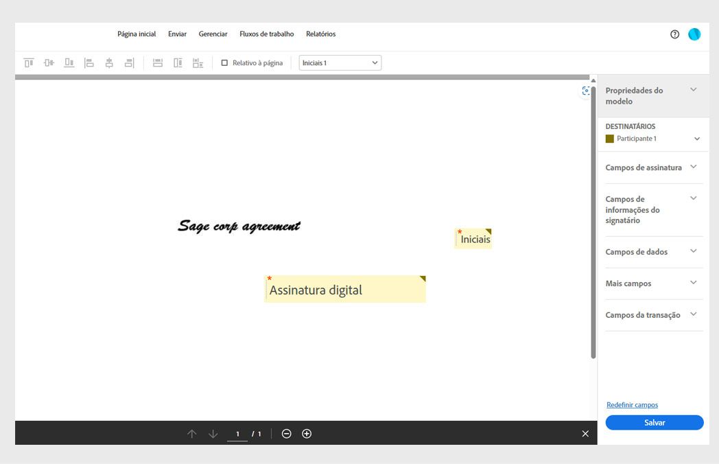 Isso abre o documento com um painel e um menu de campos de formulário, além do botão Salvar. A opção Campos de assinatura está selecionada.