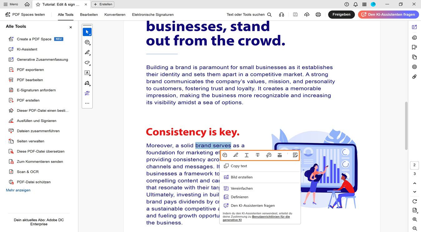 Im Dokumentbereich werden in der unverankerten Symbolleiste die folgenden Optionen angezeigt, um Aktionen für ausgewählten Text auszuführen: Kommentar hinzufügen, Text hervorheben, Text unterstreichen, Text durchstreichen, Text neu bearbeiten, Text kopieren und PDF bearbeiten.