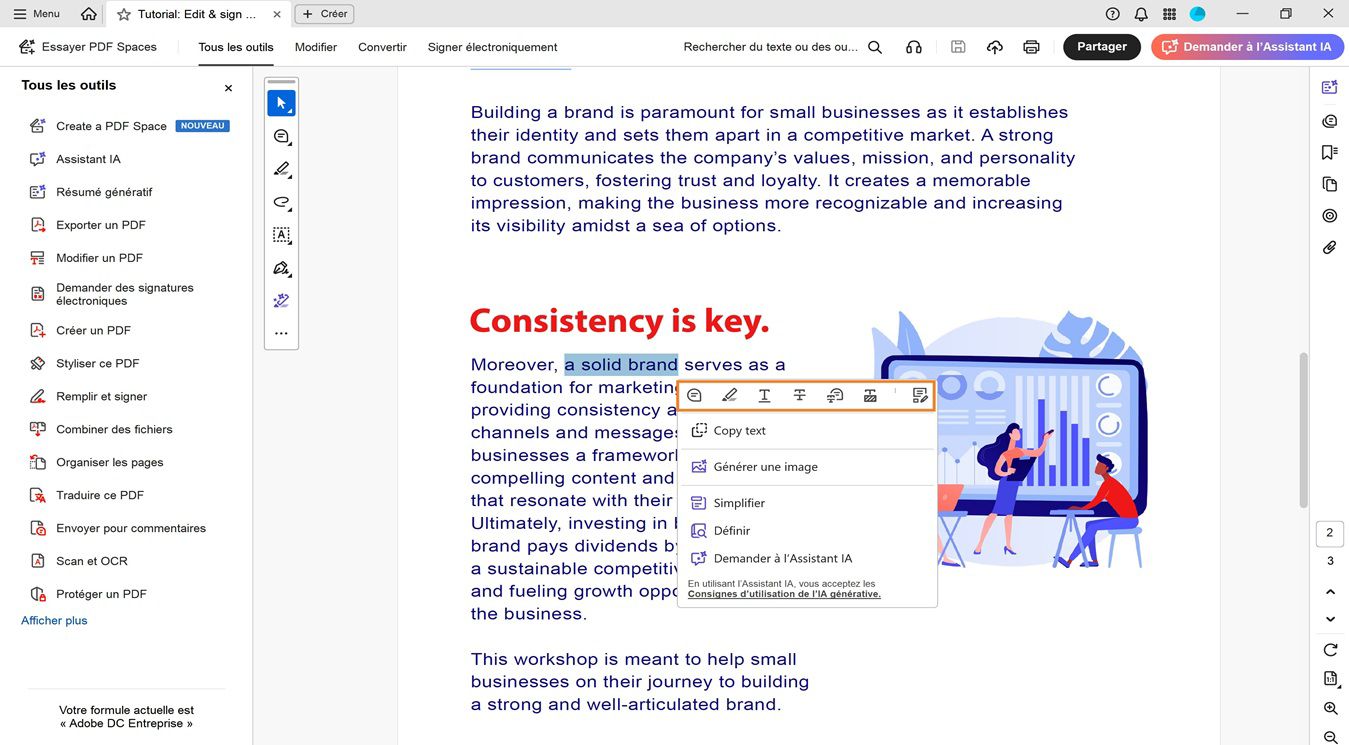 Le panneau de visualisation présente les options suivantes dans la barre d’outils flottante pour effectuer des actions sur le texte sélectionné : ajouter un commentaire, surligner du texte, souligner du texte, barrer du texte, biffer du texte, copier du texte et modifier un PDF.