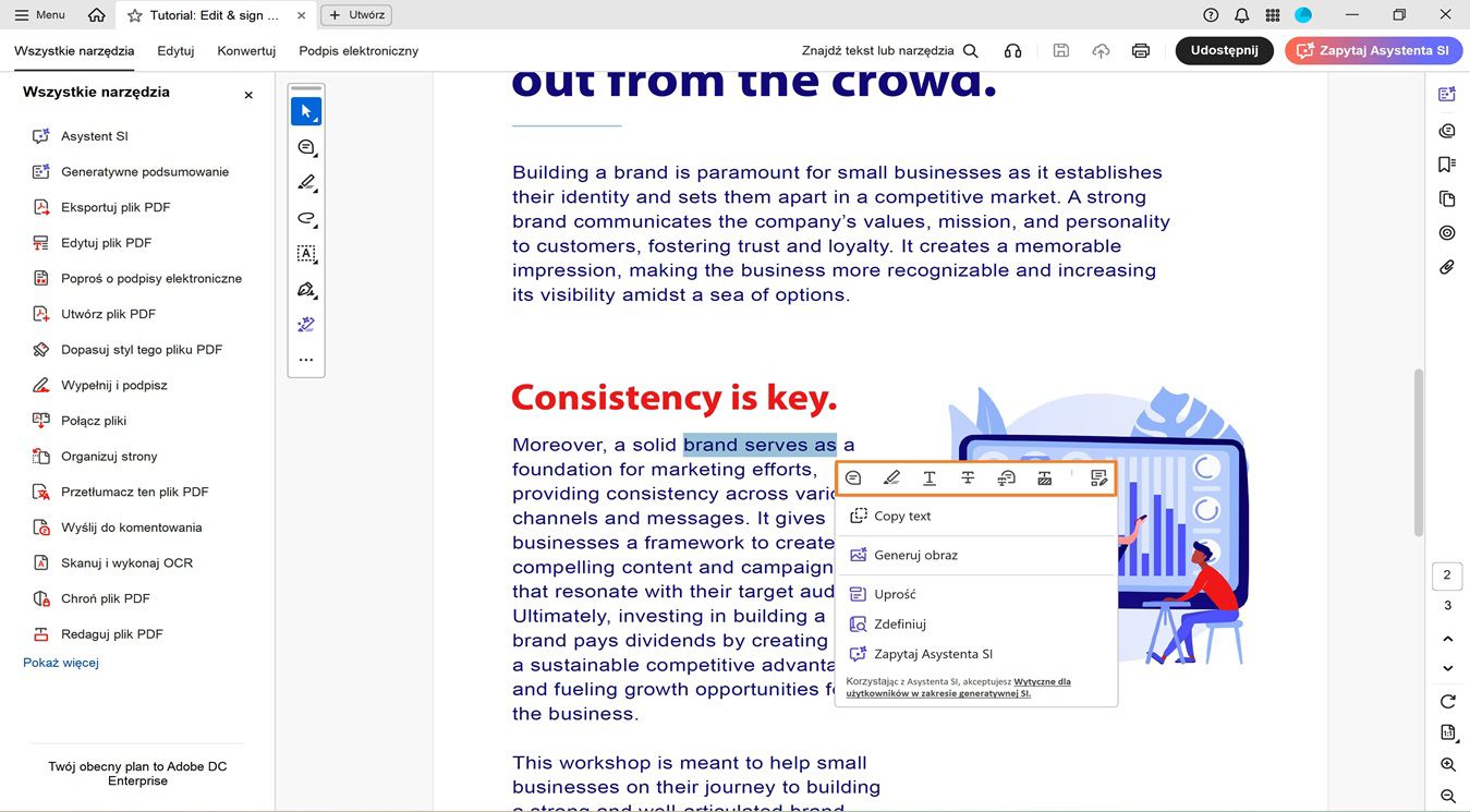 W panelu dokumentu wyświetlany jest ruchomy pasek narzędzi z następującymi opcjami do wykonywania działań na zaznaczonym tekście: Dodaj komentarz, Podświetl tekst, Podkreśl tekst, Przekreśl tekst, Redaguj tekst, Kopiuj tekst i Edytuj plik PDF.
