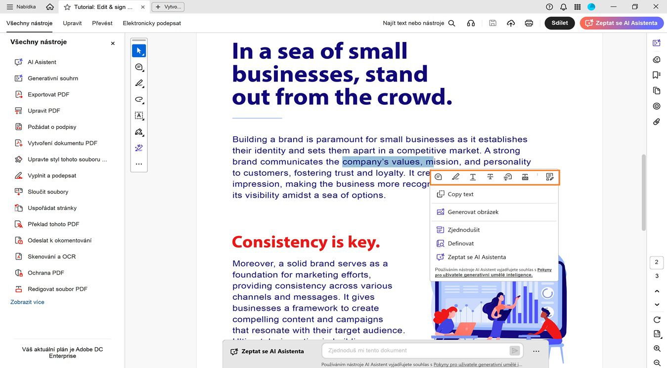 V podokně dokumentu se zobrazí následující možnosti v plovoucím panelu nástrojů pro provádění akcí s vybraným textem: Přidat poznámku, Zvýraznit text, Podtržení textu, Přeškrtnutí textu, Redigovat text, Kopírovat text a Upravit pdf.