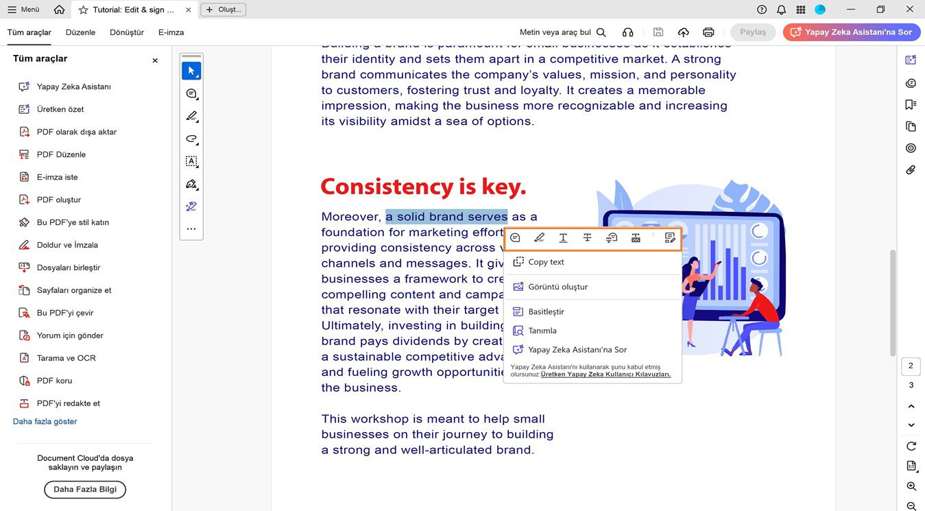 Belge bölmesi, kayan araç çubuğunda seçili metin üzerinde eylemler gerçekleştirmek üzere şu seçenekleri görüntüler: Yorum ekle, Metni vurgula, Metnin altını çiz, Metnin üstünü çiz, Metni redakte et, Metni Kopyala ve PDF Düzenle.