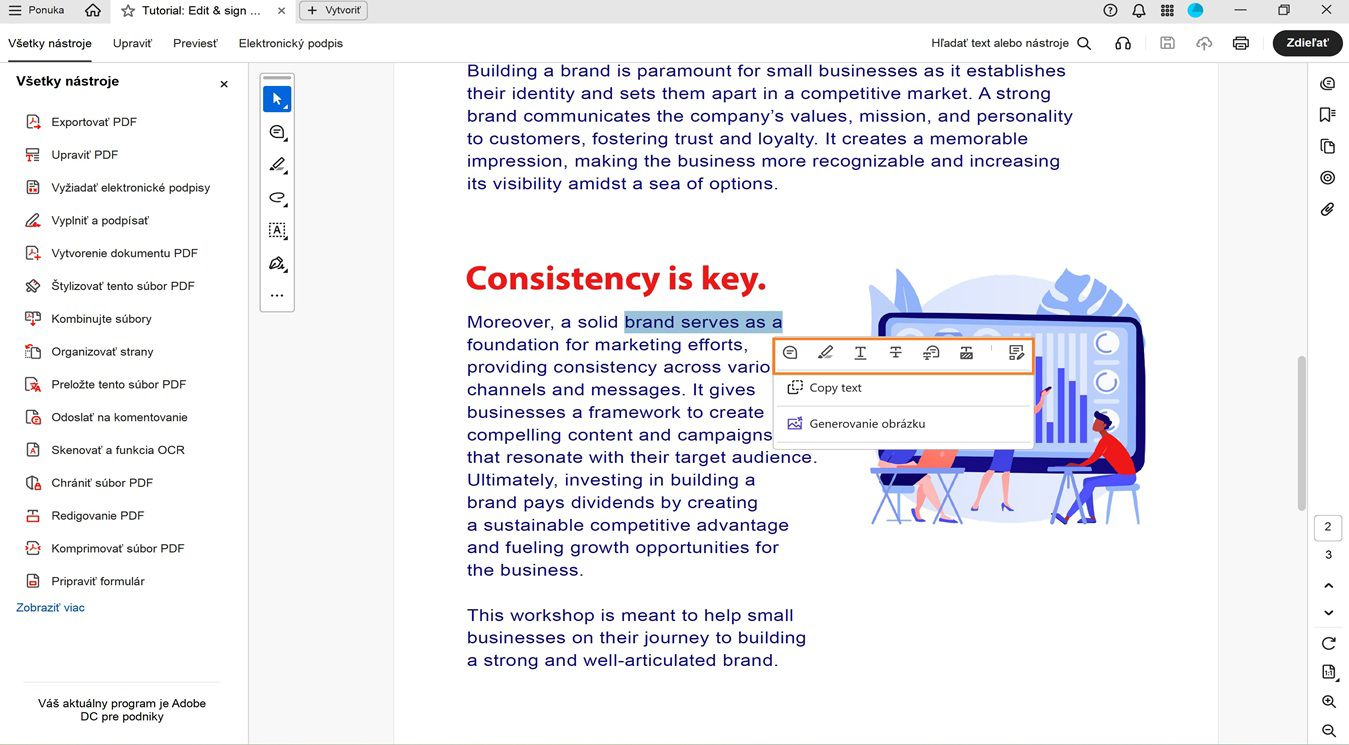 Panel dokumentu zobrazuje nasledujúce možnosti v plávajúcom paneli s nástrojmi na vykonávanie akcií s vybratým textom: Pridať komentár, Zvýrazniť text, Podčiarknuť text, Prečiarknuť text, Redigovať text, Kopírovať text a Upraviť PDF.